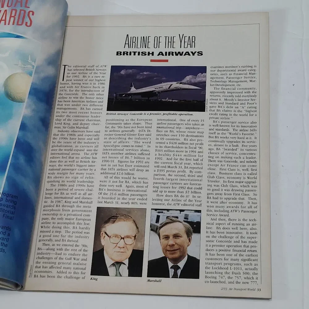 Air Transport World Magazine - Feb 1993 - British Airways Tailfin Cover